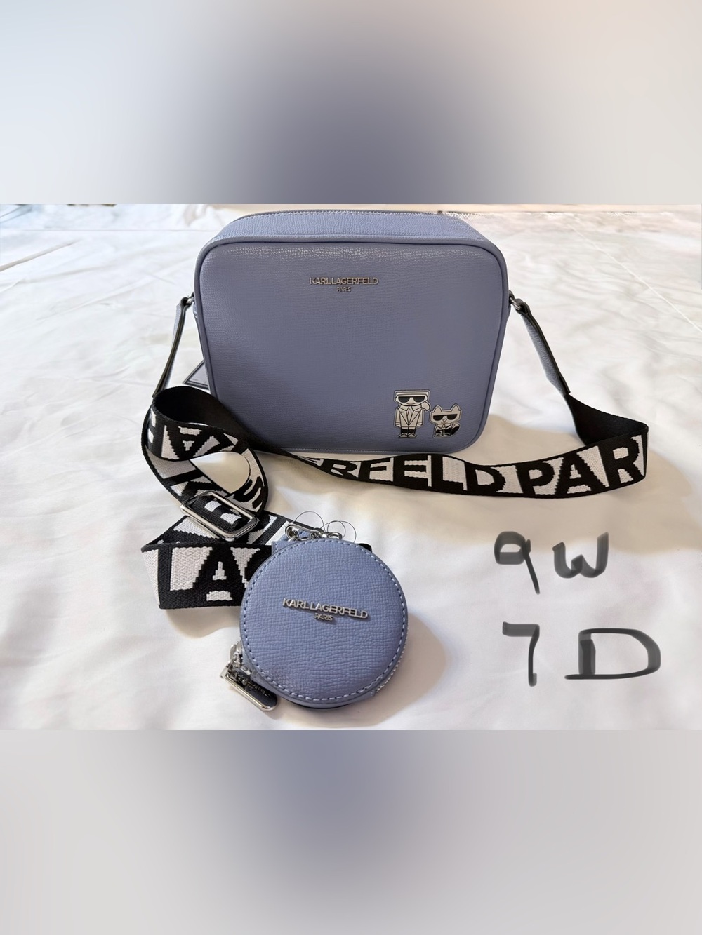 Karl Lagerfeld Blue Crossbody with Black-and-White Branded Strap